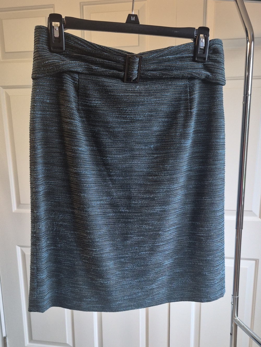ANTONIO MELANI Teal-Striped Textured Belted Pencil Skirt
